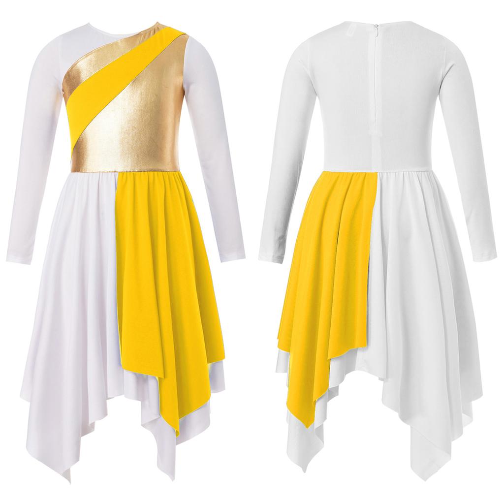 Crianças meninas manga longa brilhante metálico louvor túnica assimétrica vestido lírico traje de dança contemporânea
