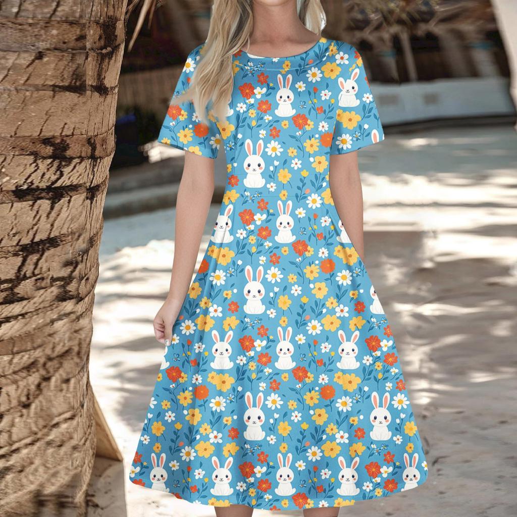 Women's Casual Fashion  Dress Easter Printed Round Short Sleeve Waisted Mid-Length Swing Dress (with Zipper)