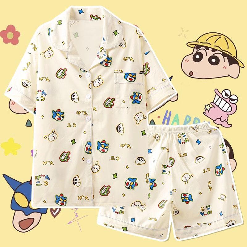 Crayon Xiaoxin Same Pajamas Women's Thin Summer Short-sleeved Three-piece Set Cotton Large Size Loose Women's Loungewear Set