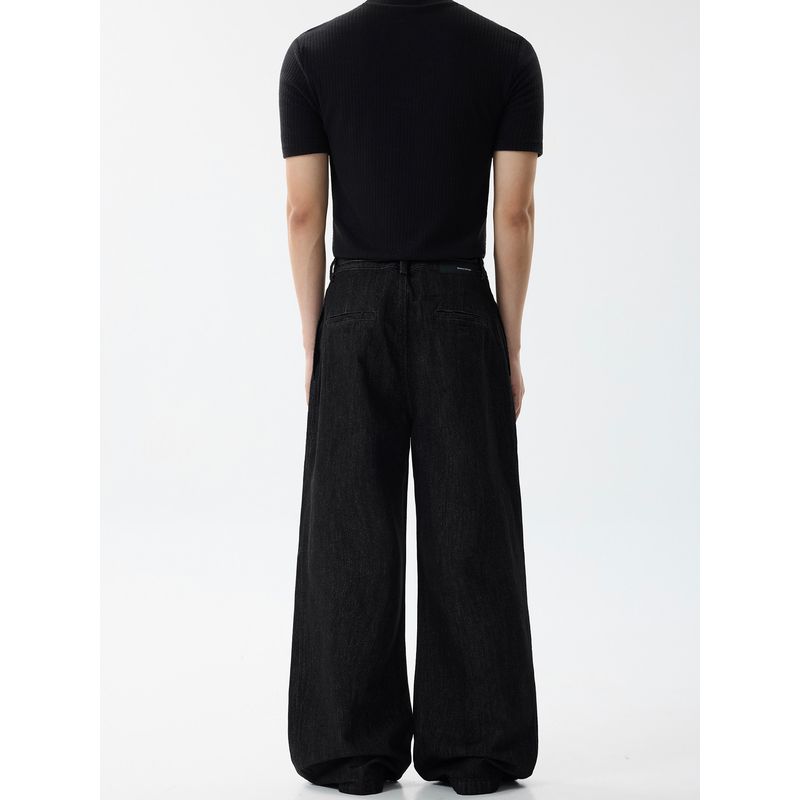 Blaexit American Retro Pleated Raw Denim A-Line Jeans for Men, Loose Straight Black Scimitar Wide-Leg Trousers