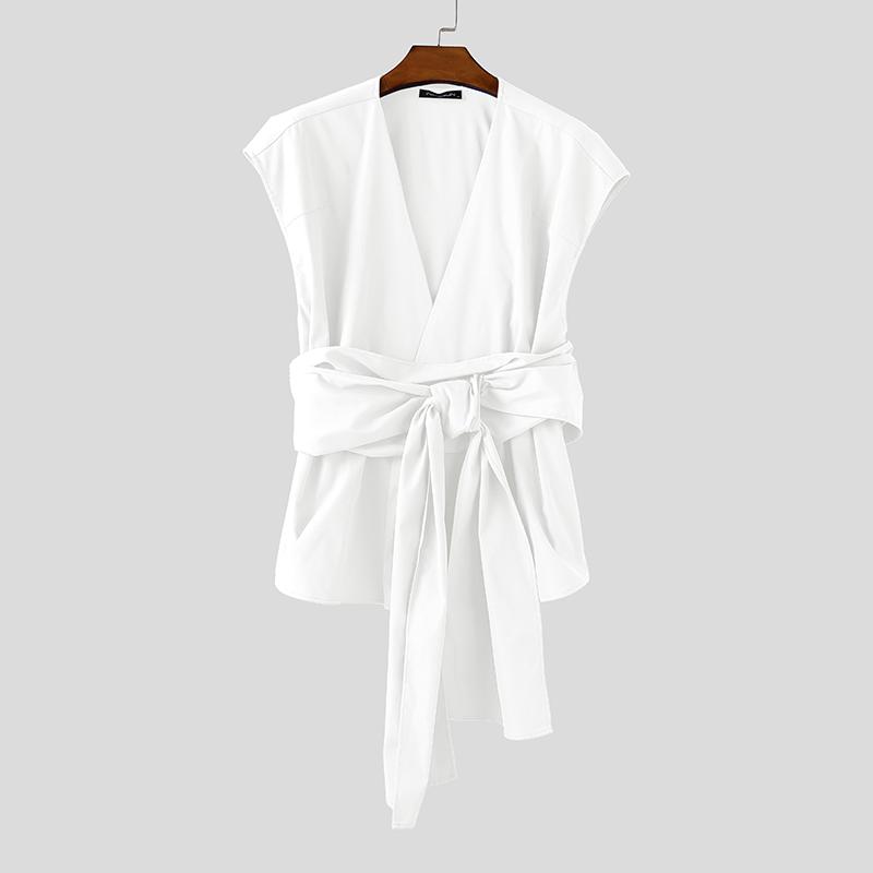 INCERUN Men Sleeveless Lapel Button Up Belt Ruffled Loose Casual Long Waistcoats