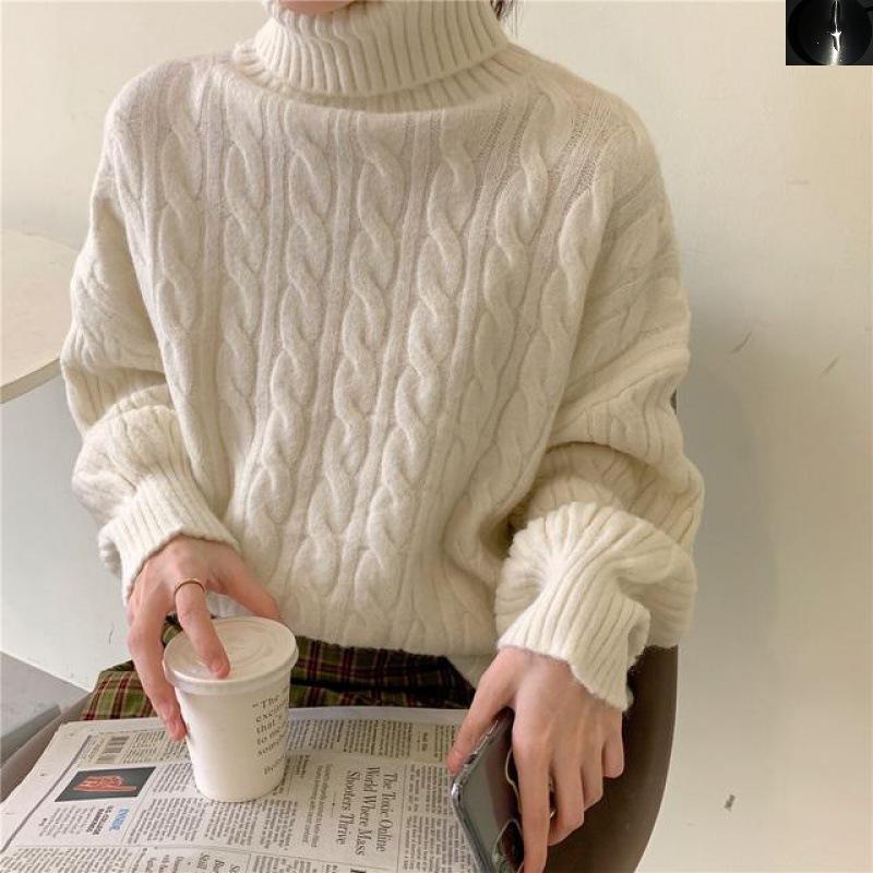 Wear Turtleneck Twist Loose Lazy Wind Pullover Sweater Women's Solid Color Lantern Sleeves Simple Versatile Knitted Sweater