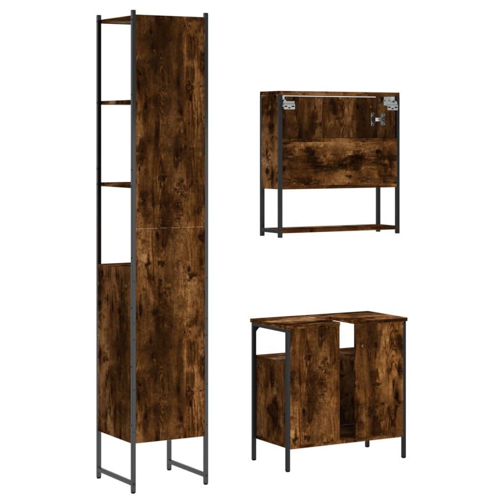 3 Piece Bathroom Furniture Set Smoked Oak Wood Based Material