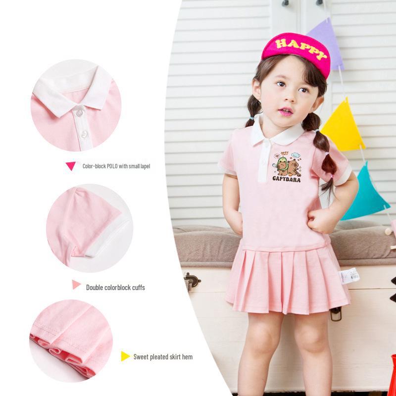 Stylish Long-Sleeved Spring/Autumn Academy Dress & Summer Pleated Short-Sleeved Navy Princess Skirt for Girls