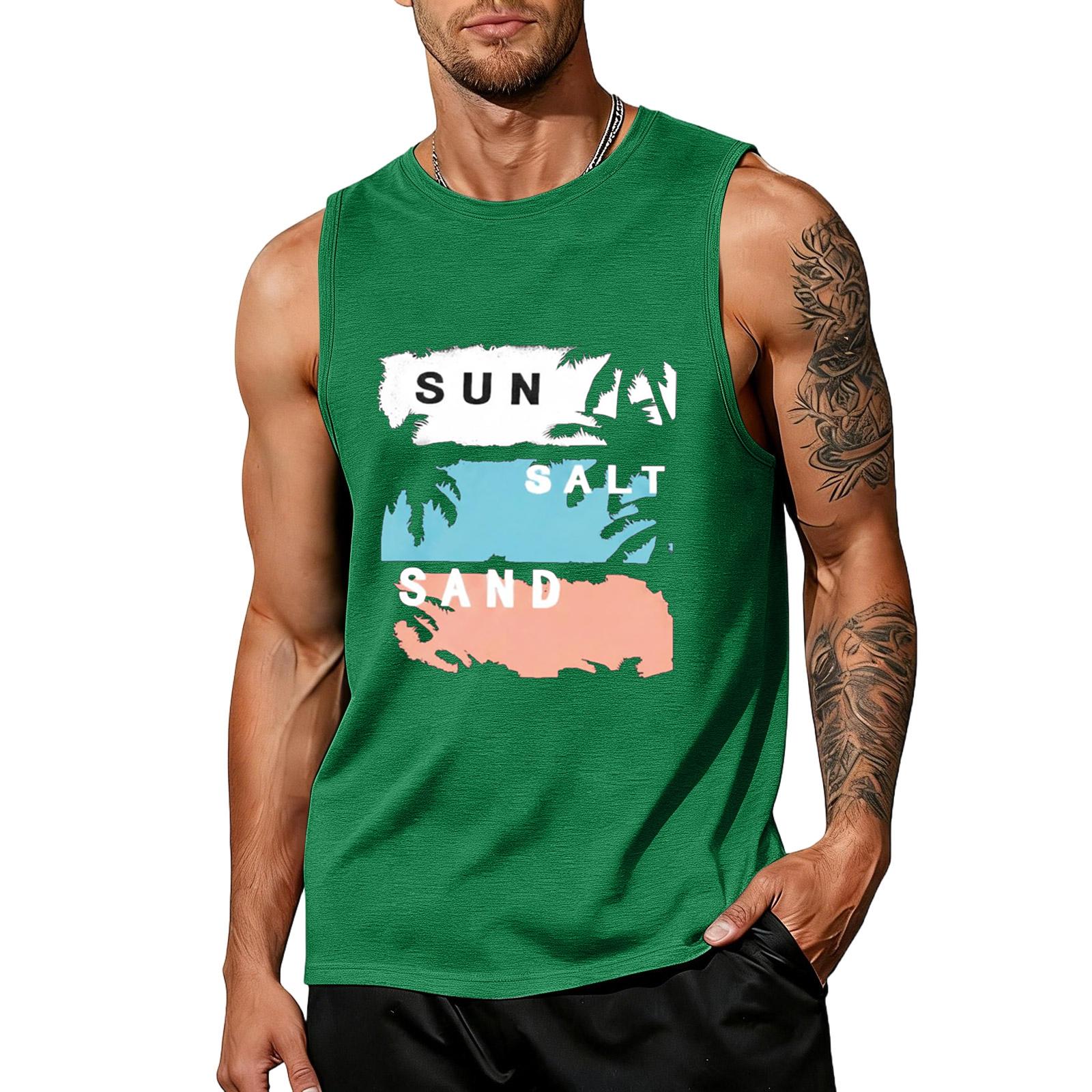 

Men’s Sleeveless Tank Top Crew Neck Casual Muscle Shirt Relaxed Fit Soft Fabric Beach Graphic Print Sun L зелений