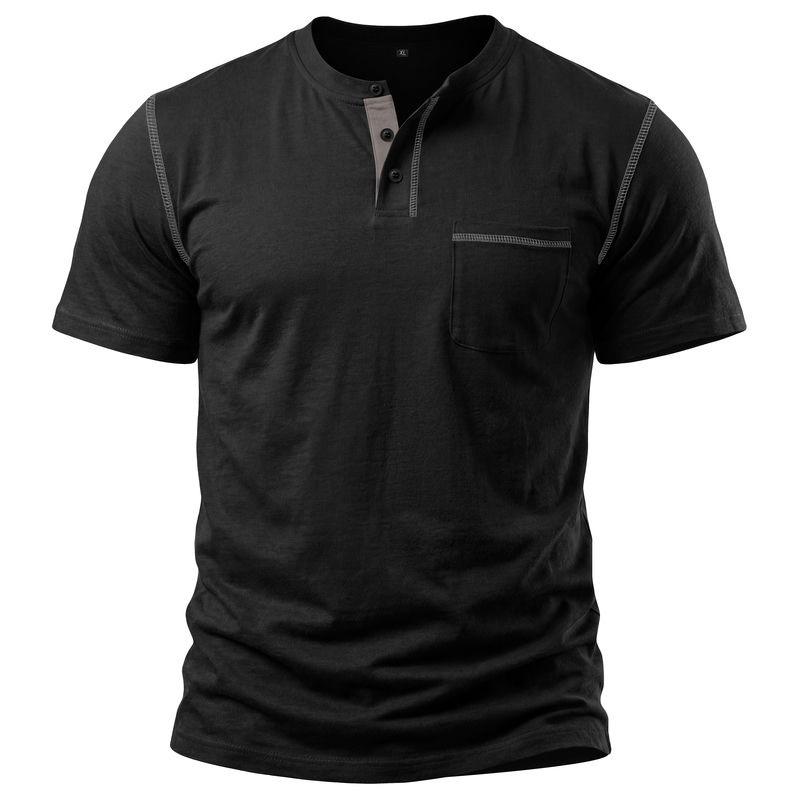 Herren Kontrastnähte Henley-Kragen Kurzarm T-Shirt Mit Brusttasche