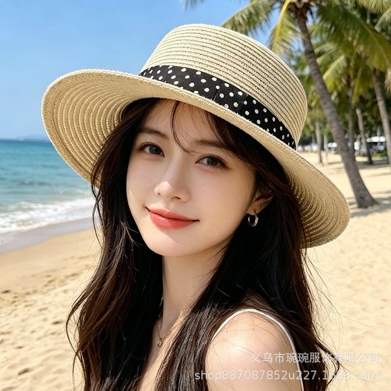 French Polka Dot Ribbon Flat Top Hat Women's Summer Sun Protection Straw Hat Simple Flat Edge Basin Hat Outdoor Outing Sun Hat