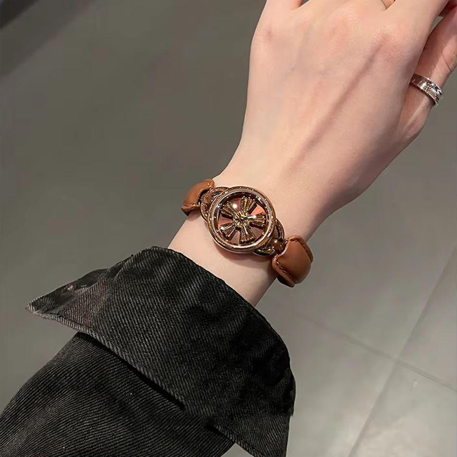 Luxury Rotating Flower Women Watch Leather Splicing Metal Strap Round Dial Fashion Elegant Ladies Quartz Dress Wristwatch Gift