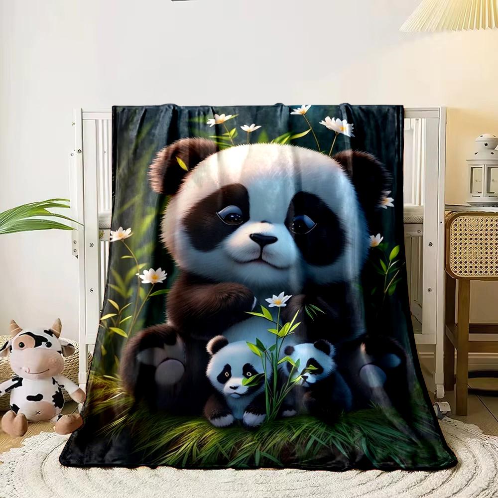 Cute Panda Family with Flowers Design Blanket Flannel Blanket for Bedroom, Living Room, Sofa, and Nap Sofas