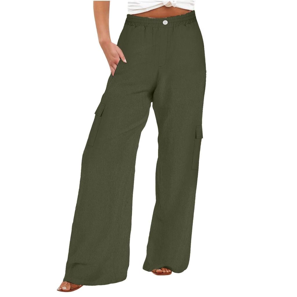 Cargo Pants Women Cotton Linen Button Elastic Waist Wide Leg Trousers Summer Loose Fit Hiking Jogger Pant With Pocket