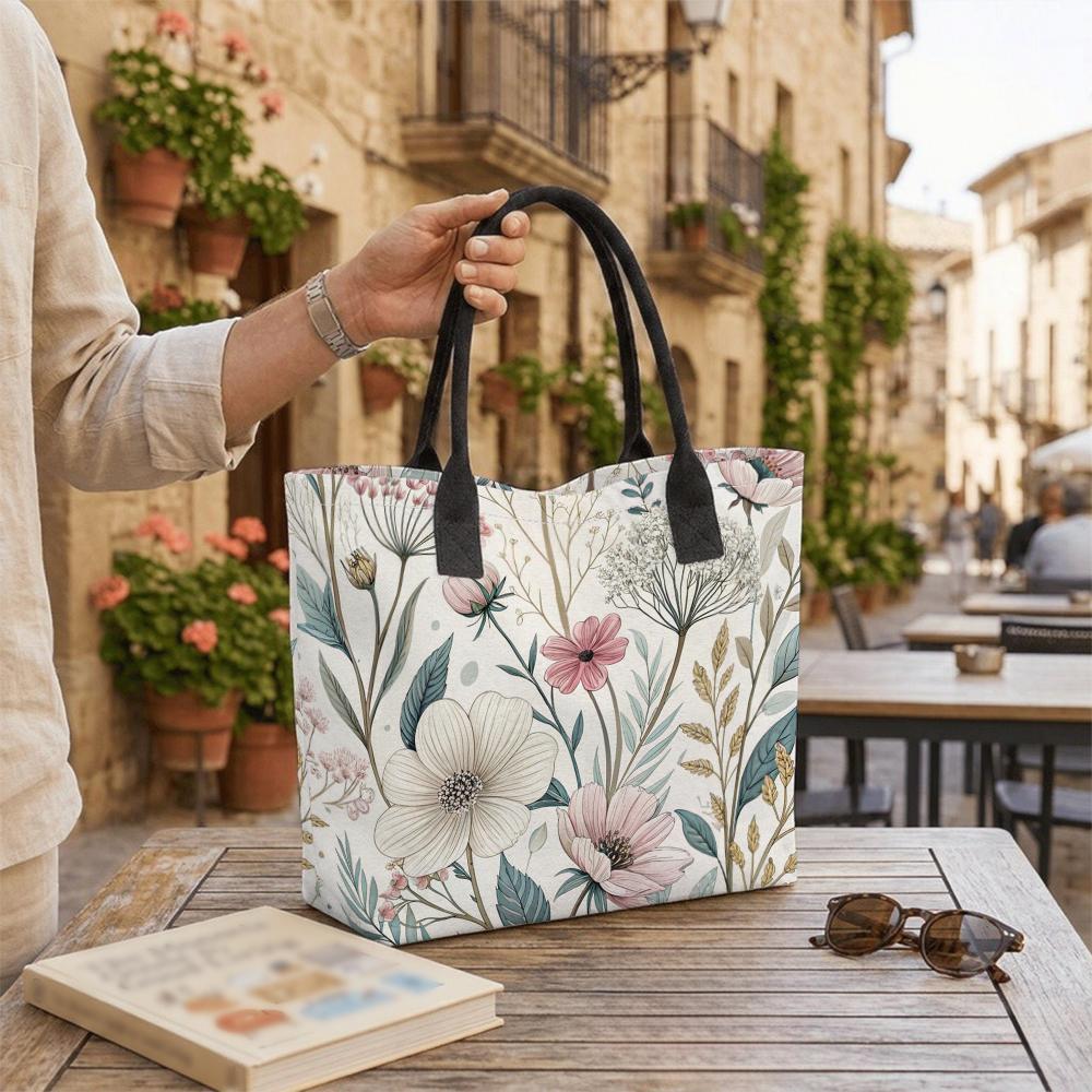 Floral Printed Canvas Tote Bag Large Casual Shopping Handbag for Daily Use