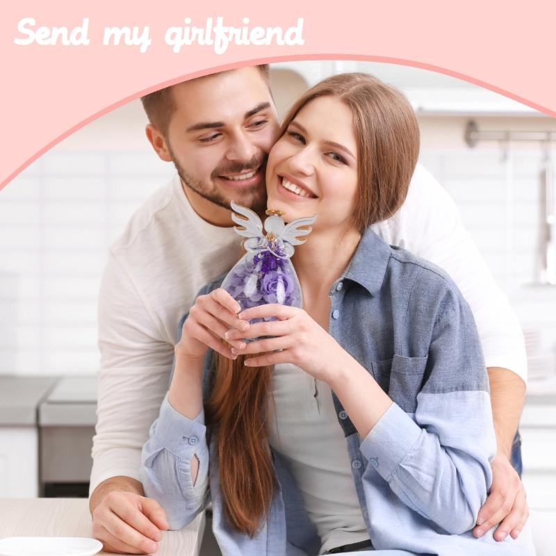 Artistic Angel Preserved Roses with Glass Cover Everlasting Flower Arrangement Home Ornament Handmade Gift