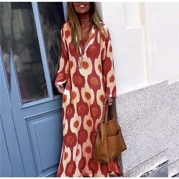 Stylish Long Sleeve V Neck Dress for Women Unique Printed S красный