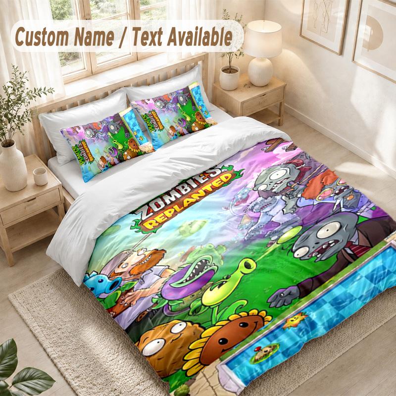 Plants Vs. Zombies Bedding Set, 1 Duvet Cover & 2 Pillowcases Soft Comfortable Bedroom Home Textile Decor