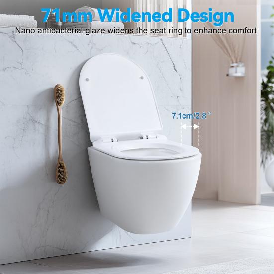 Rimless Wall Hung Toilet, Wall Mounted Toilet Bowl with Soft Closing Seat, Space Saving Round Floating Toilet with 360-degree Single Hole Super Swirl
