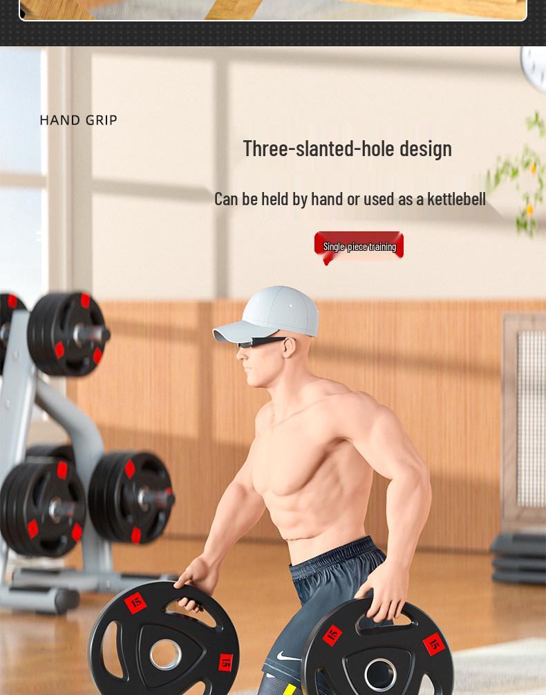 Cast Iron Rubber-Coated Three-Hole Grip Bell Plate for Dumbbells & Barbells