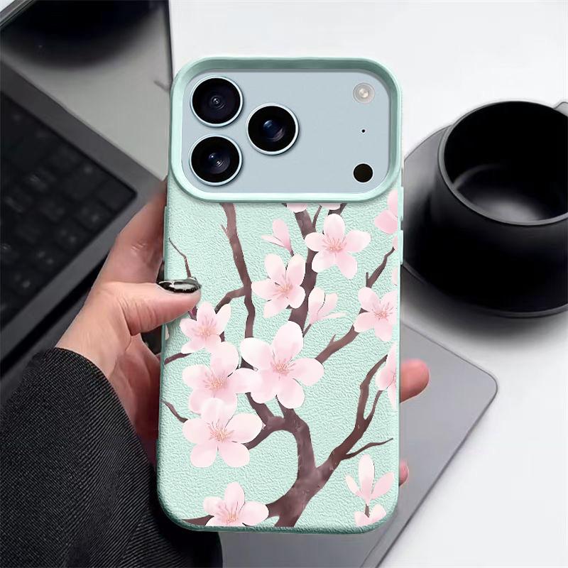 Hand-drawn Style Sakura Pattern Case For iPhone 17 Pro Max Leather Texture Soft Silicone Cover For iPhone 16 15 14 13 Pro 12 11 16E