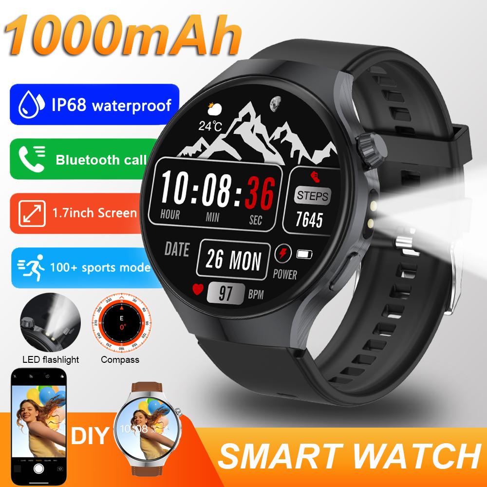 

New 1000mAh Battery Smart Watch Flashlight 1.70 HD Screen GPS track Heart Rate BT Call Compass Smartwatch for Men чорний