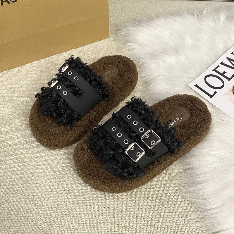 

Thick bottom fluffy slippers women wear 2025 autumn and winter new high-end fashion belt buckle Internet celebrity non-slip cotton mop 35 чёрный