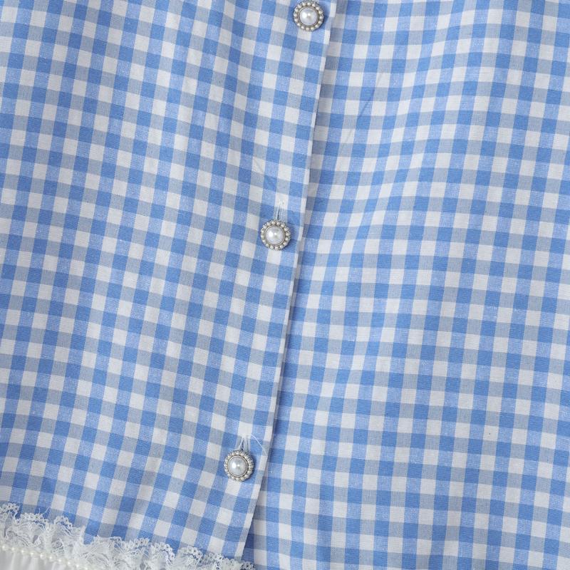 VONDA Women V Neck Short Sleeve Lace Crochet Patchwork Buttons Plaid Casual Blouse