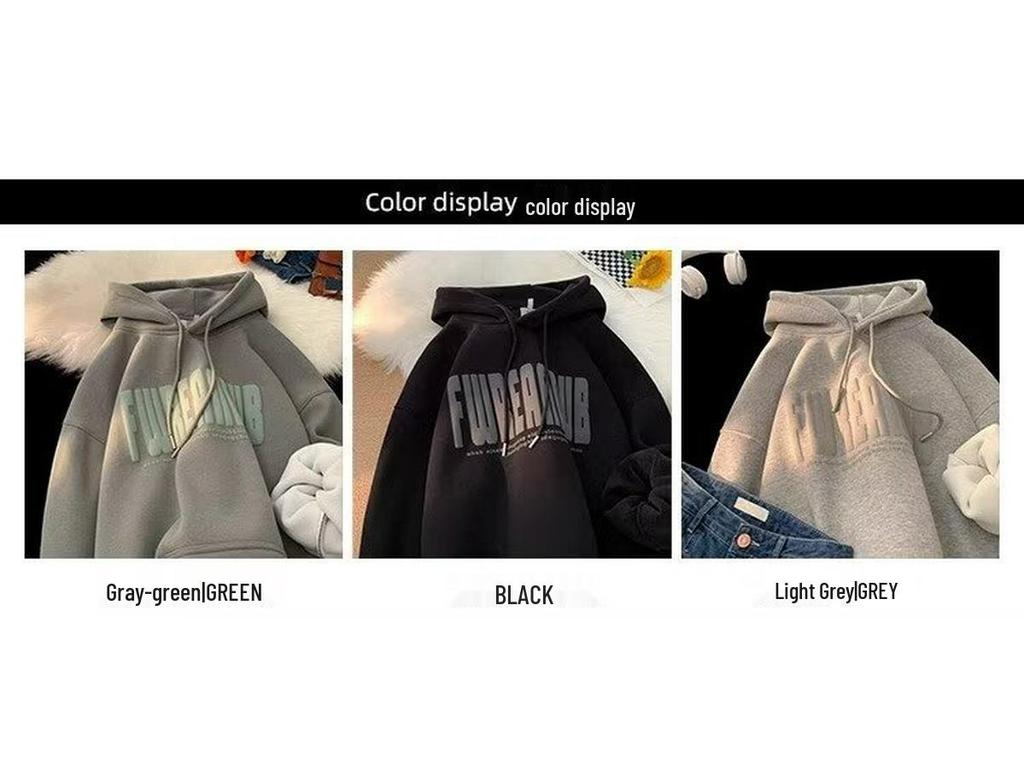 Unisex American-Style Heavyweight Hooded Sweatshirt - Men's Winter Loose Fit Casual Foam Print Top