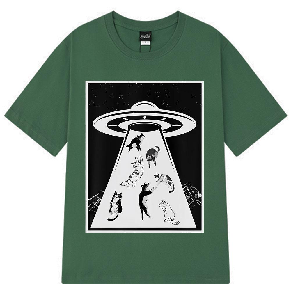 Funny UFO Cat Alien Abduction Cats  Novelty Graphic Tees Men Women Vintage T-shirt Short-sleeved Cotton Fashion Casual T-shirts