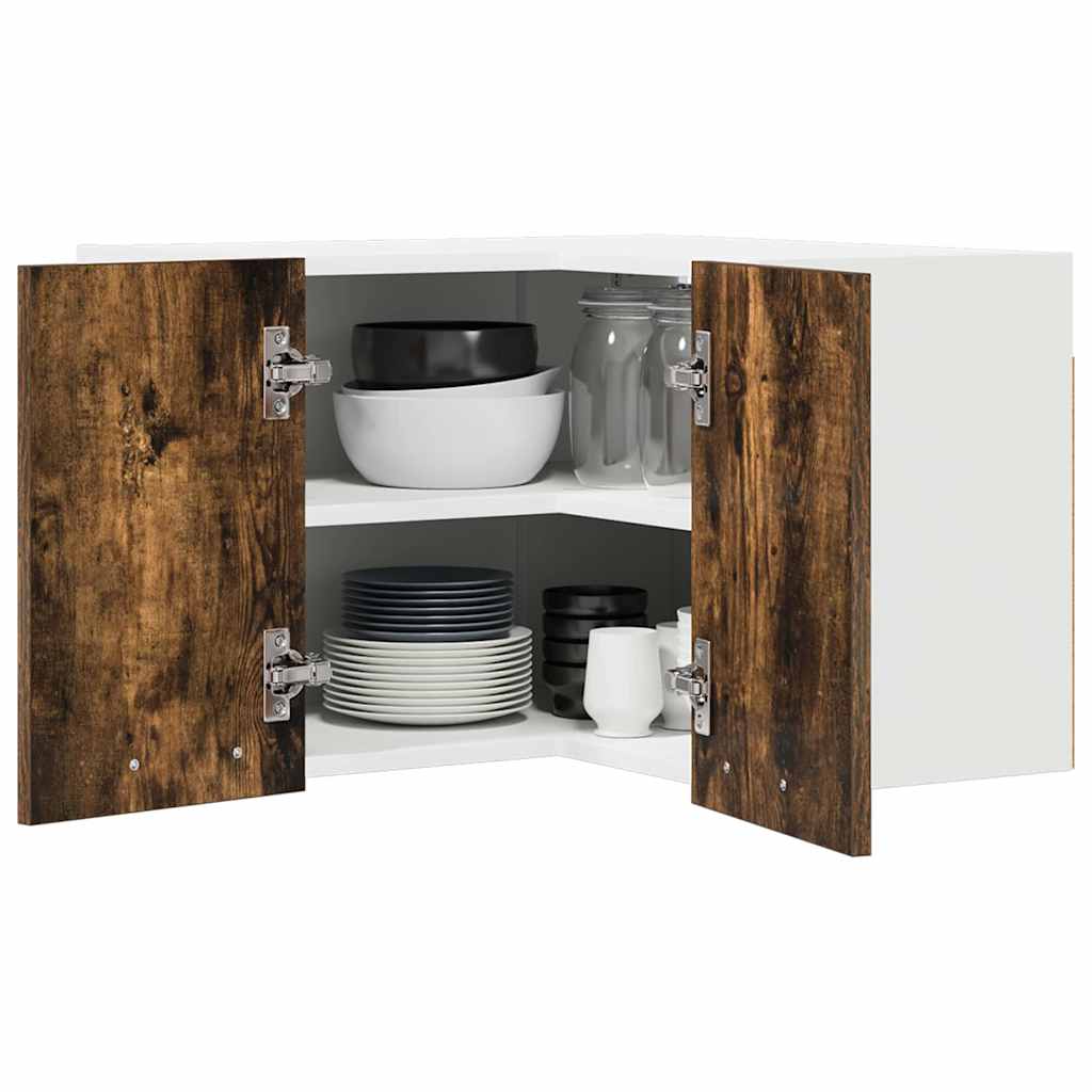 Hanging Corner Cabinet Smoked Oak and White 57 X 57 X 40 Cm