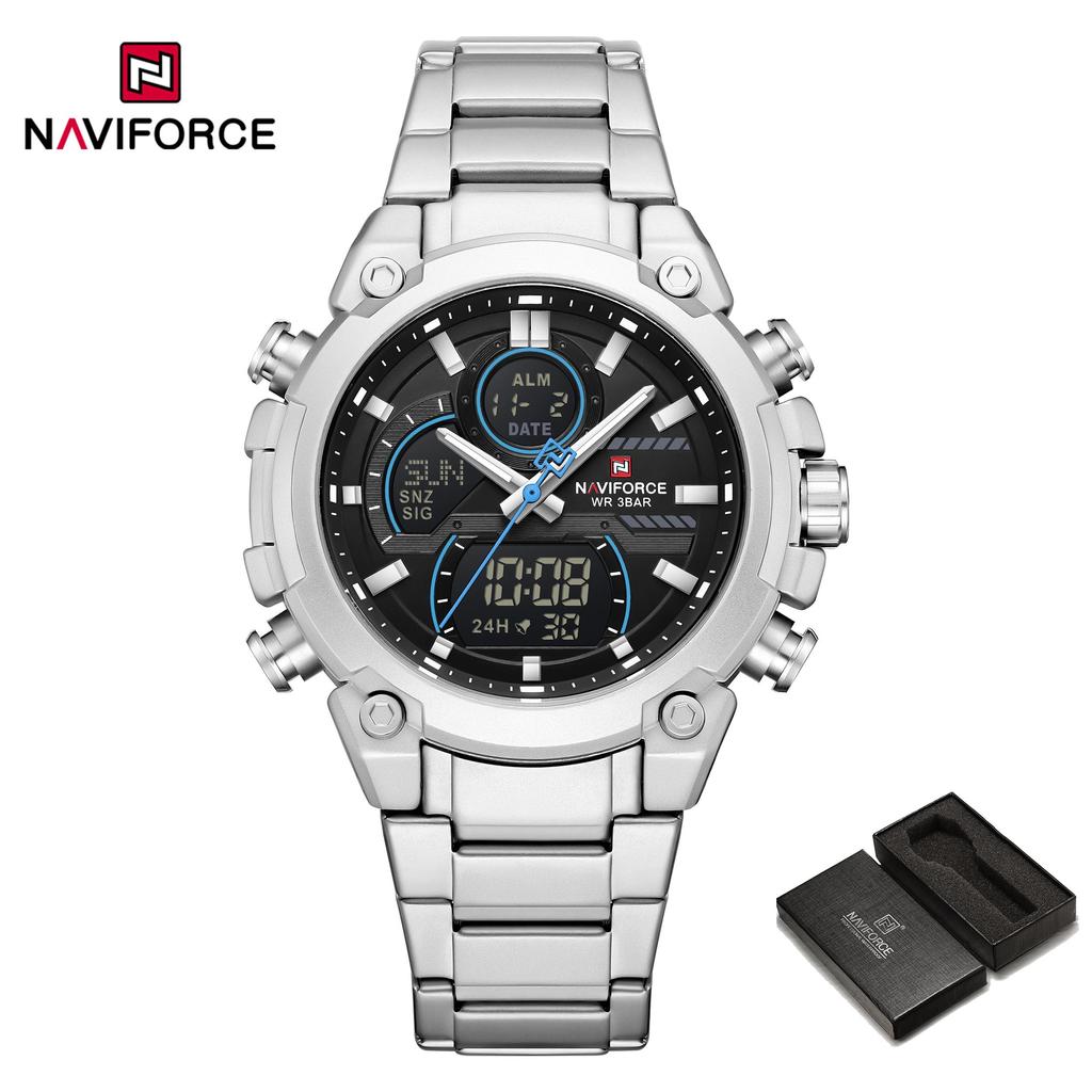 Naviforce Men Dual Time Watch Quartz Movement LCD Digital Chronograph Luminous Hands Stainless Steel Strap Waterproof Men Watch NF9278