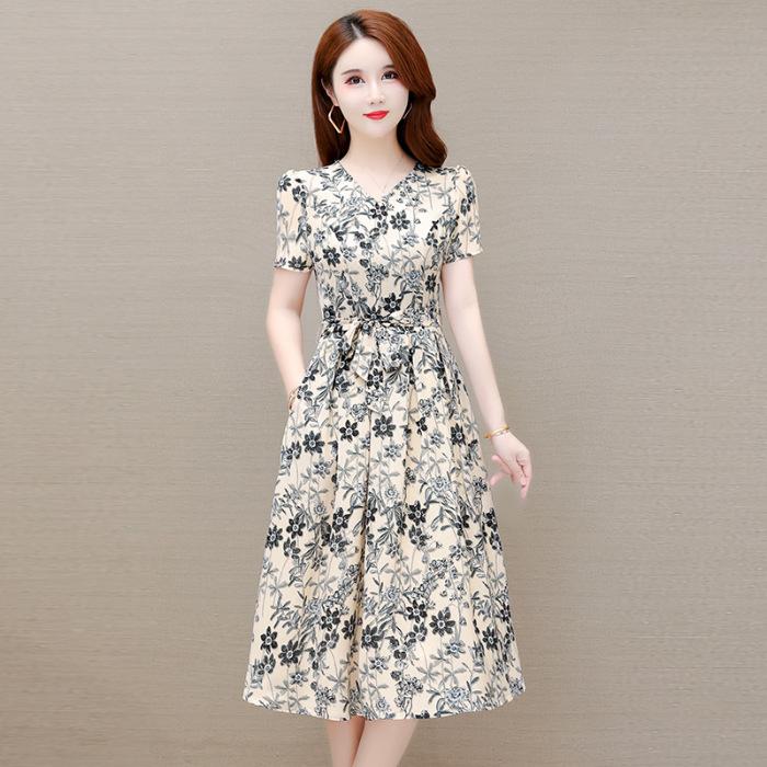 

Ke Bingsi printed dress women s summer short sleeves waist thin fashion large size floral dress with pockets 5XL білий
