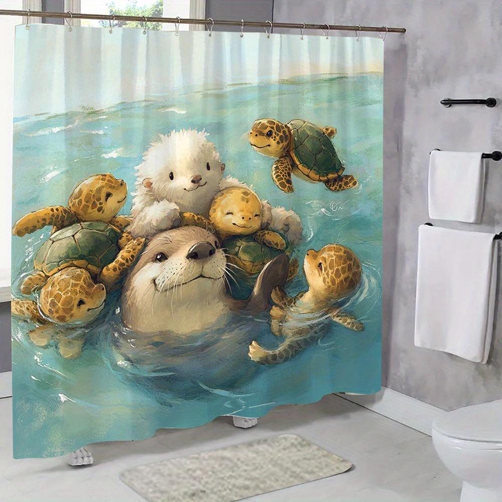Ocean Animal Theme Shower Curtain - Seal & Turtle Play Pattern, Adds Fun & Natural Ambiance, Polyester Bathroom Decor,  12 Hooks
