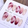 Wine Red Gradient Oval Press-on Nails with Cat Eye Effect and Hand-Painted Gloss Finish