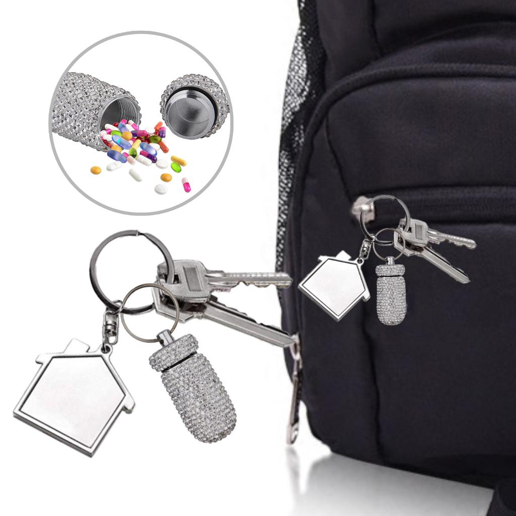 Portable Diamond Pill Case Keychain Glitter Rhinestone Travel Pill Box Metal Tablet Holder for Outdoor Activities