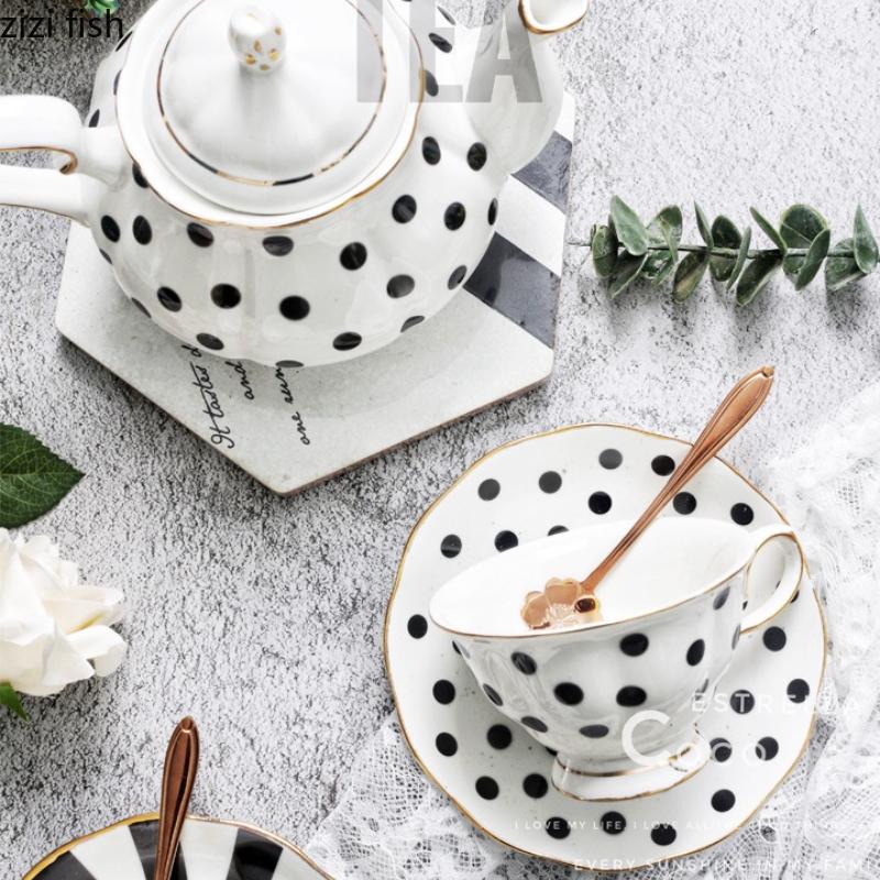 Black White Polka Dot Striped Coffee Cup Ceramic Water Cups Afternoon Tea Mug Oat Breakfast Cup Milk Mug Flower Tea Cups Teapot