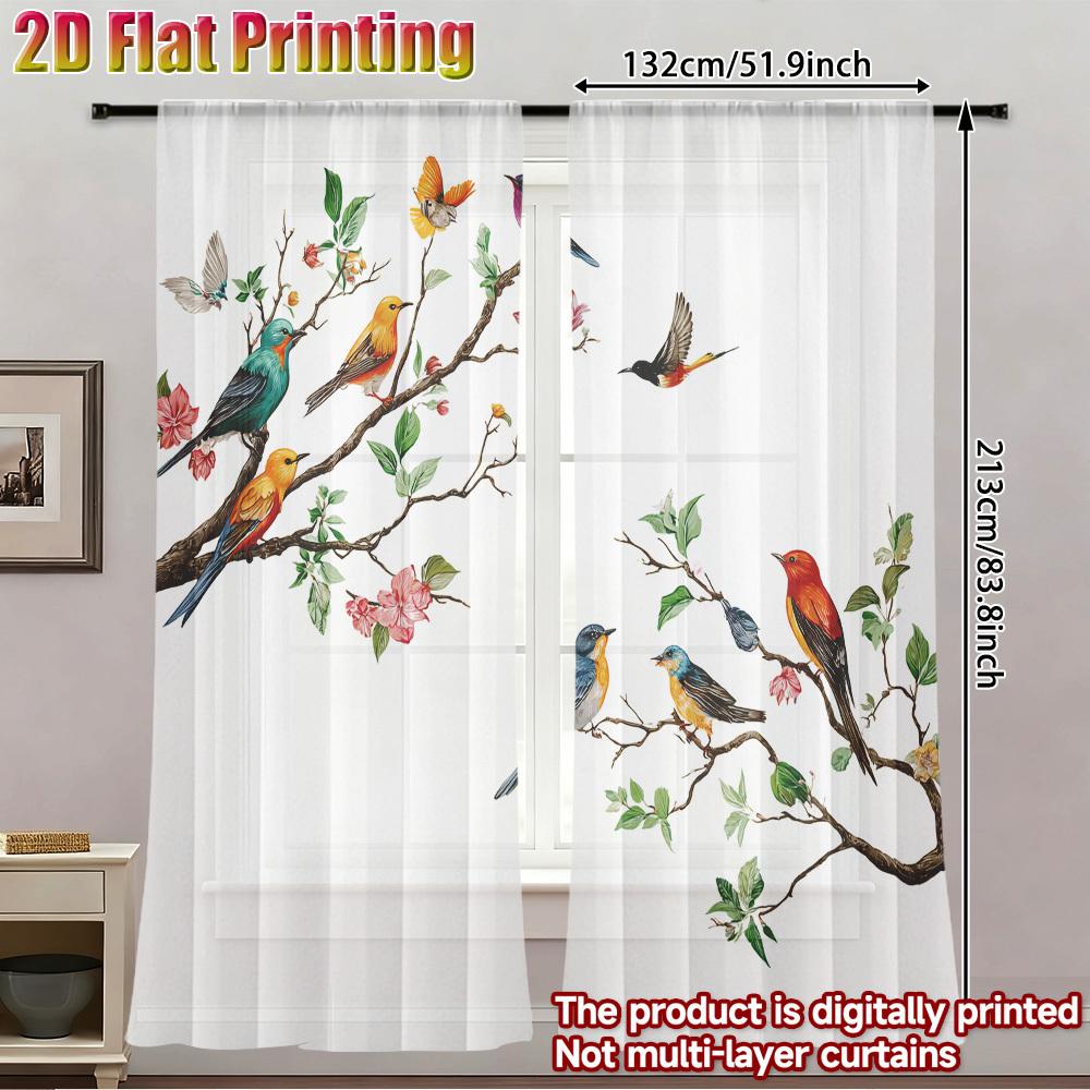 2PCS Animal Sheer Curtains, Colorful Bird Branch, Digital Print, Bedroom Living Room Kitchen, Rod Pocket Polyester, Home Decor