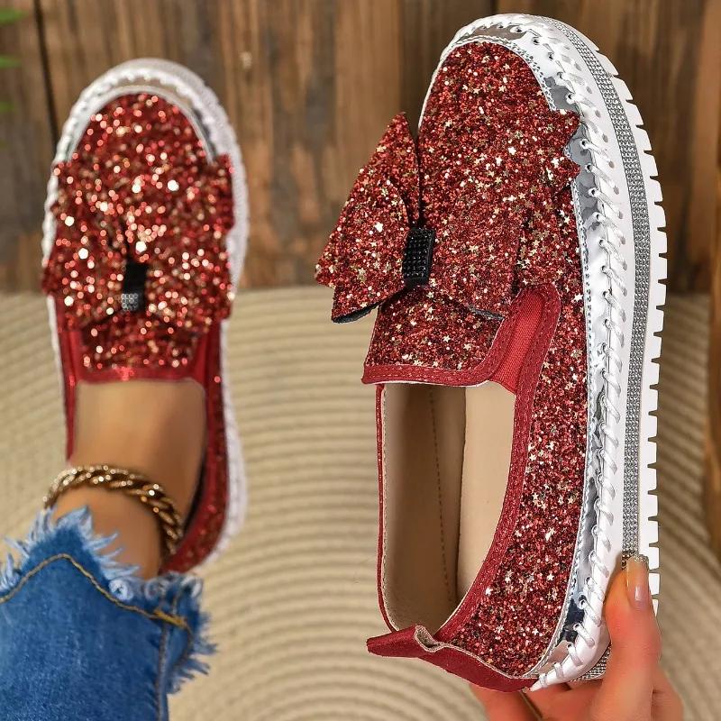 2024 New Versatile Women's Shoes Solid Color Bow Decorated with Rhinestones Round Toe Thick Sole Shallow Mouth Women's Shoes