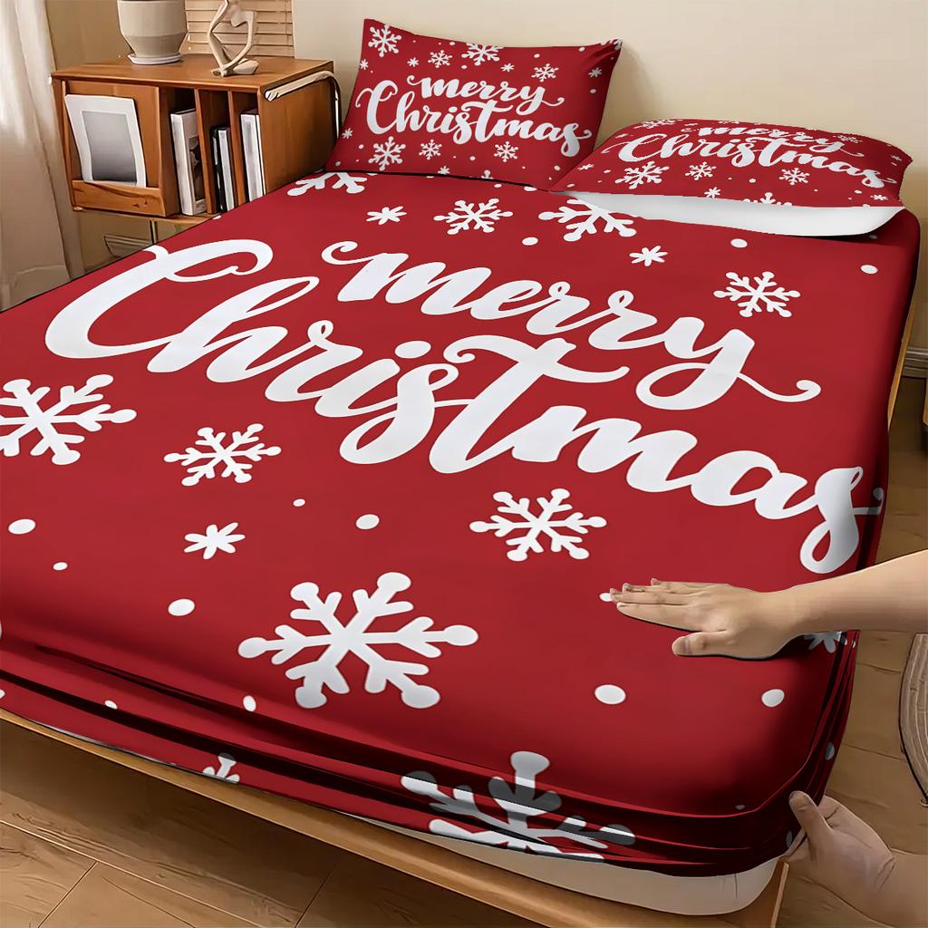 3Pcs Merry Christmas Red Print Coreless Fitted Shee Set Multiple Size Soft Bedcover Bedroom Bedding Decorations Machine Washable