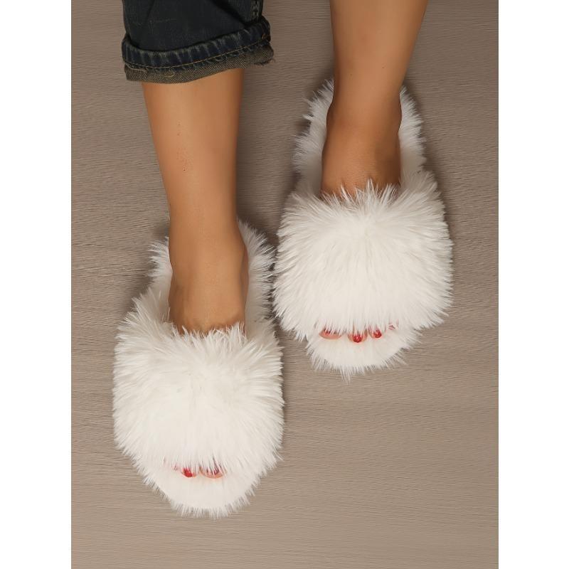 Papuci de iarnă de pluș pentru femei, pantofi plat cu vârful deschis, de culoare uni, papuci de casă caldi și confortabili