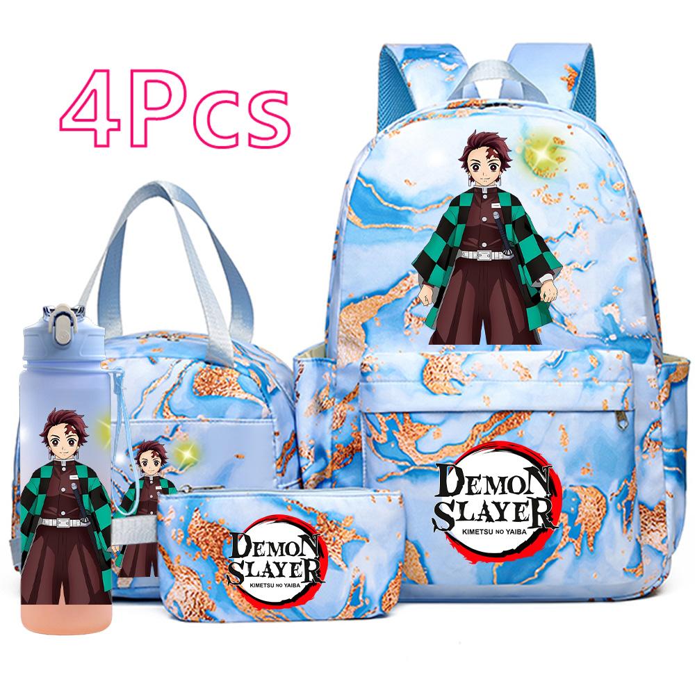 4 Pièces/ensemble Anime Demon Slayer Sac à Dos Imprimé Sac à Main Trousse à Crayons avec Bouteille d'Eau 750ml pour Adolescent Garçon Fille Grande Capacité Sac d'École Imperméable