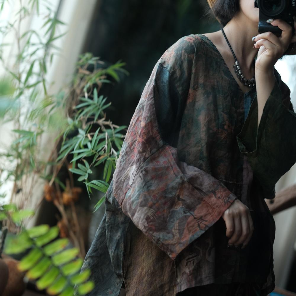 Johnature Vintage Women Patchwork Color T-Shirts V-Neck Long Sleeve Ramie High Quality Autumn Loose T-Shirts