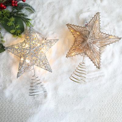 LED Star Christmas Tree Topper Glitter Gold Metal Star Light Ornament Battery Powered Hollow Star Tree Top Light for Christmas Home Parties Bars