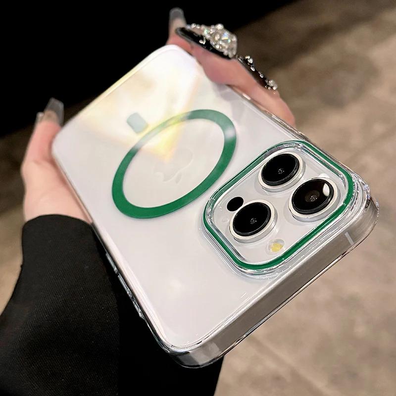For Magsafe Phone Case For iPhone 17 16 15 14 13 Pro Max Plus 16e 17 Air Metal Buttons Transparent Clear PC Hard Cover