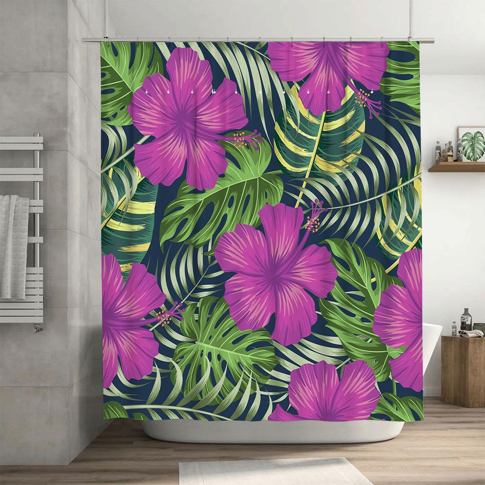 Modern Style Floral Print Shower Curtain for Bathroom Decor – Pink Hibiscus Green Leaves Pattern In Blue Watercolor Effect 72 X