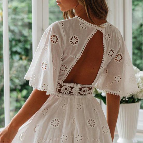 Women Summer Dress Backless Hollow Out Flower Applique   A Line Loose Hem Pleated Cutout Waist Half Sleeve Patchwork Lady Dating Prom Mini Dress
