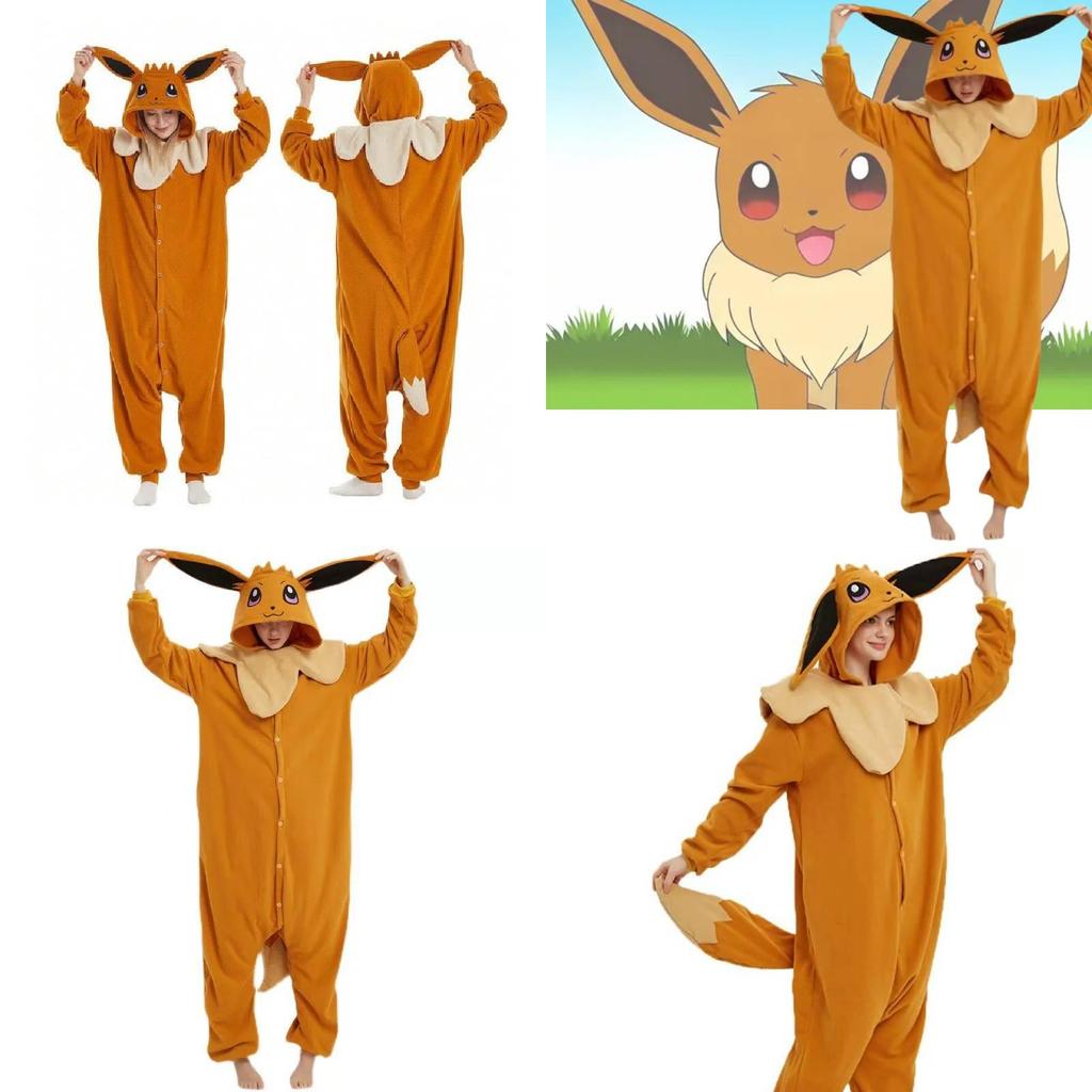 Fleece Cartoon Eevee Sleep Suit With Long Sleeves Home Halloween Costume