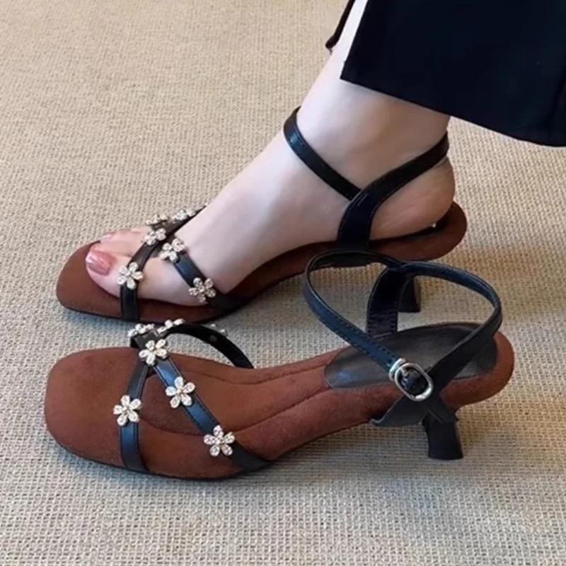 Fashion Summer Women High Heels Sandals Flower Crystal Square Toe Heeled Shoes Fashion 2025 New Designer Woman Slippers Luxury Pumps