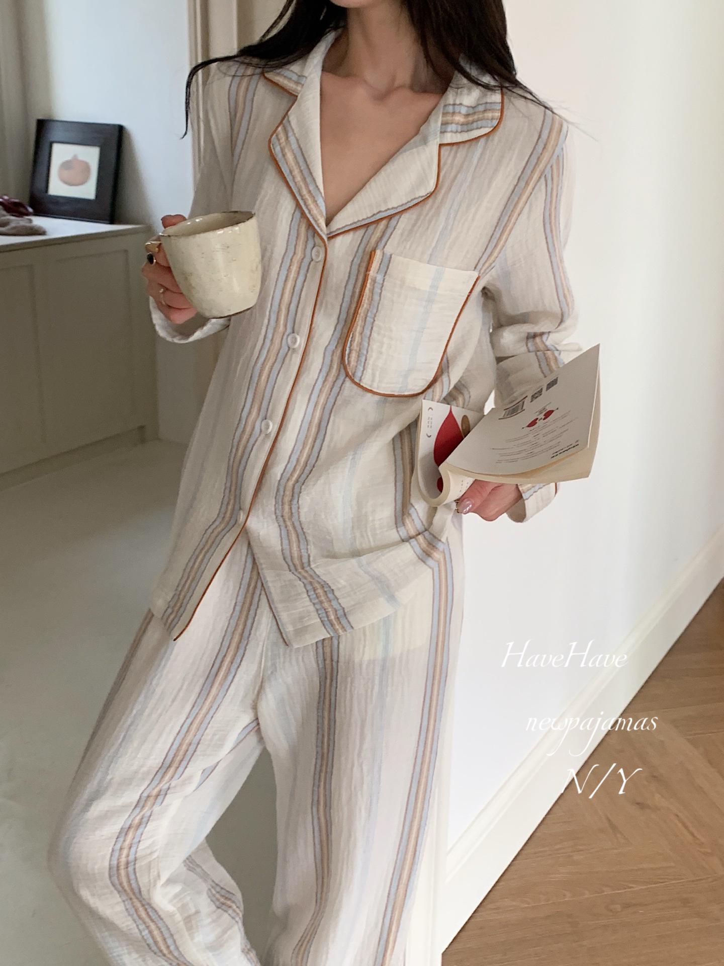 

Minimalist Cotton Gauze Couple Pajamas - Striped Cardigan Style with Long Sleeves and Pants Women s M (up to 120 lbs)