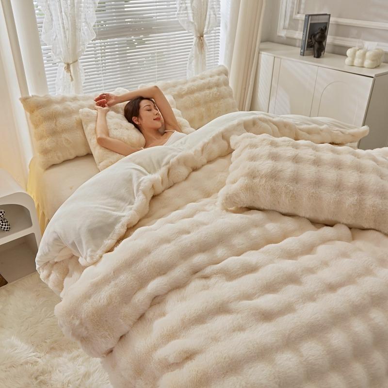 Light Luxury Rabbit Fleece Thickened Milk Fleece Four-Piece Set, Bed Sheet Quilt Cover Three-Piece Set, Bedding, Bed Hat Model