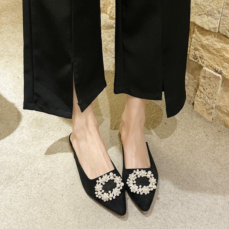 

Spring new women s shoes Korean version of rhinestone round buckle bag head half drag pointed head low heel cool slippers large size 35 чёрный