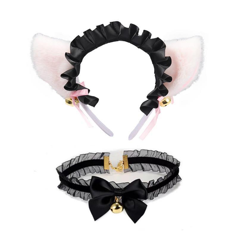 Cat Ear Bell Headband & Choker Set with Tail - Halloween Party Accessories