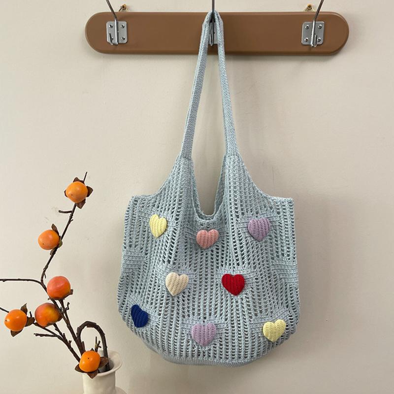 Hollow Out Lover Heart Thread Woven Bag Beach Handbag Tote Bag Beach Bag Large Capacity Bohemian Style Shoulder Bag Girls CLE